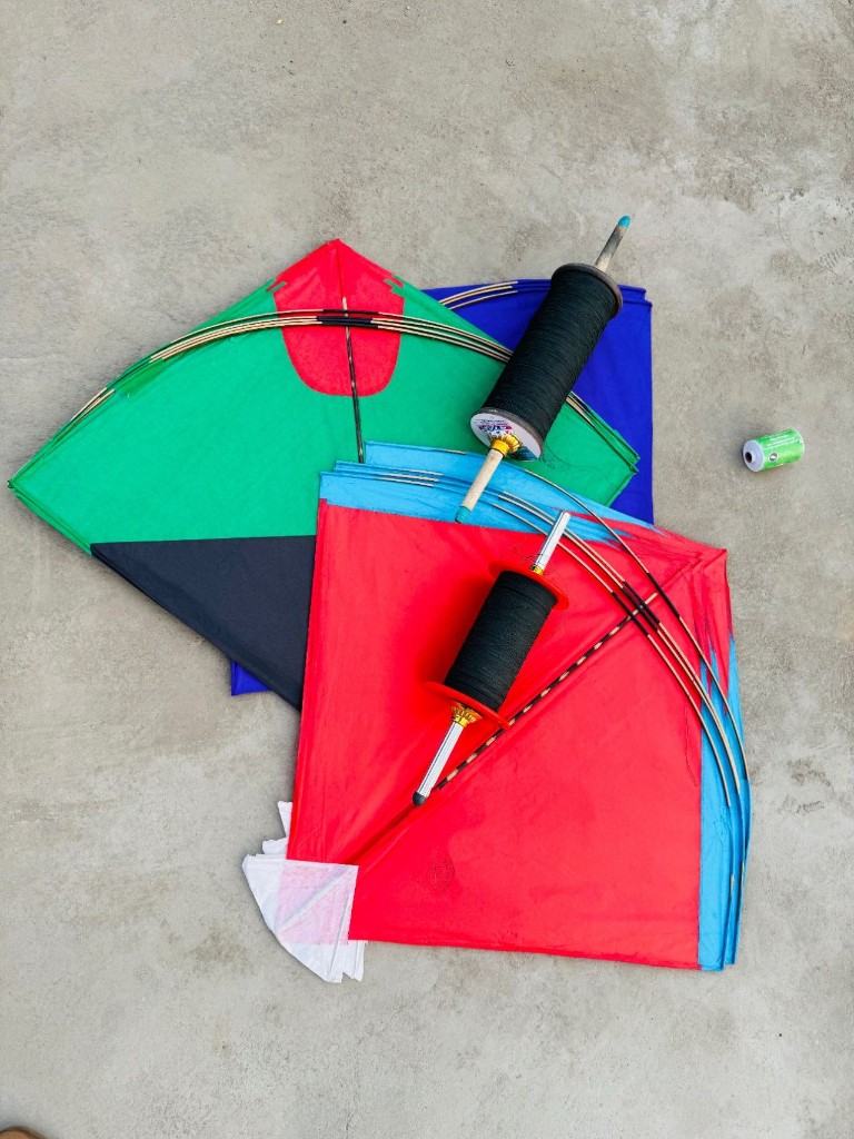 Colourful kites and string spools ready for a team kite-flying activity