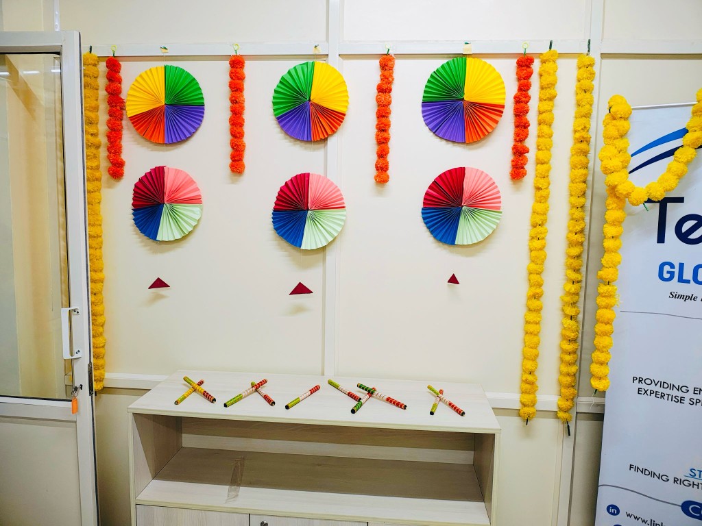 Decorated office corner prepared for team activities