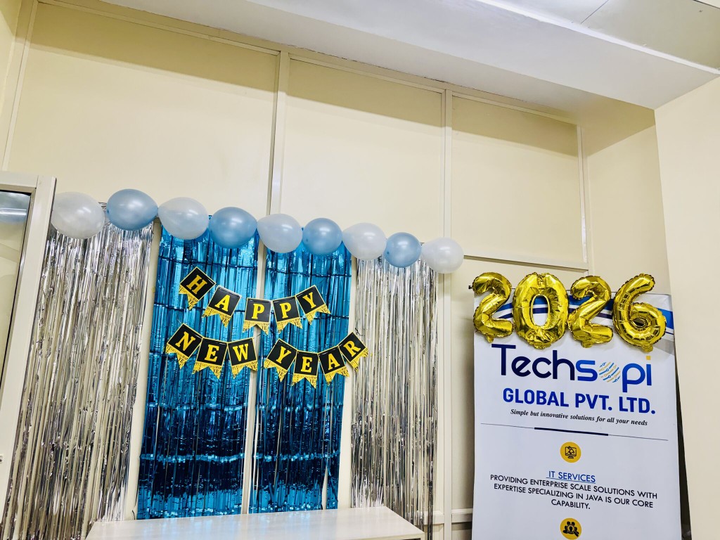 New Year office celebration with Techsopi banner and festive decorations